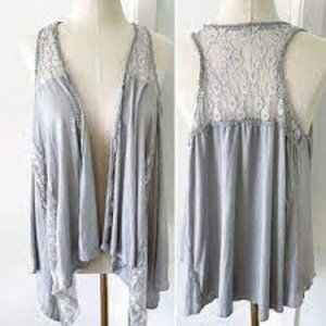 POL Gray & White Lace Open Vest